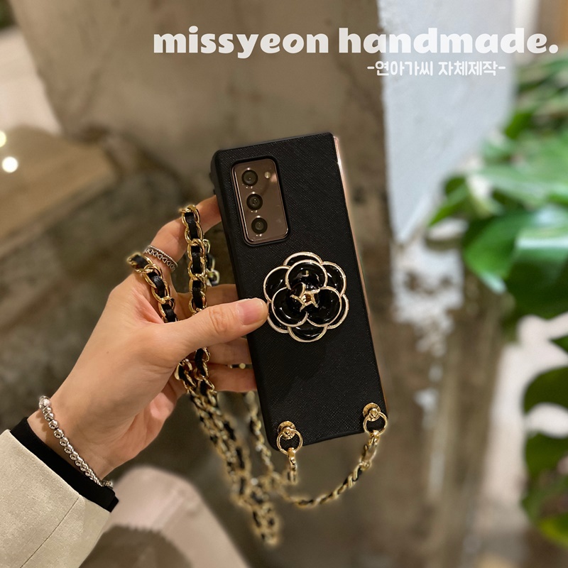 Túi Xách Da Đeo Chéo Hình Hoa Trà Phối Dây Xích Kim Loại Dài Cho samsung galaxy z fold 5 4 3 2 5g Ốp