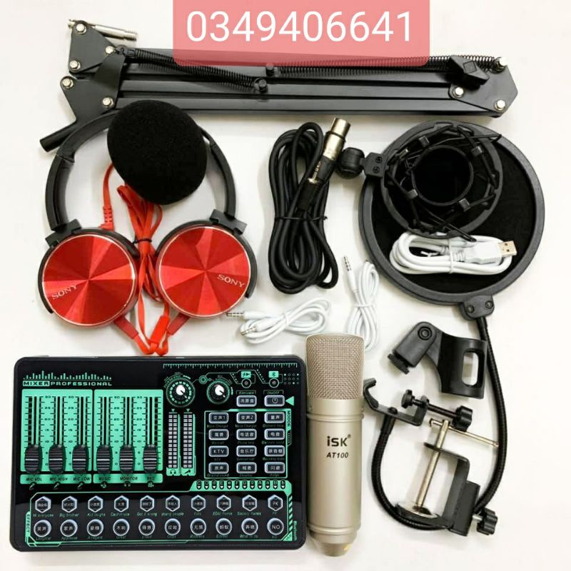 Combo bộ livestream Soundcard H9 + mic AT100 + chân kẹp bàn + màng lọc âm + tai nghe + dây livestream