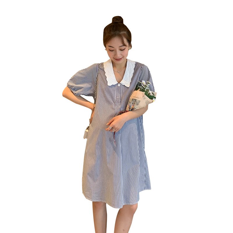 Váy đầm bầu sọc kẻ cổ sơ mi thiết kế công sở, dự tiệc cho mẹ bầu phong cách hàn quốc sang trọng lịch sự mới mùa hè