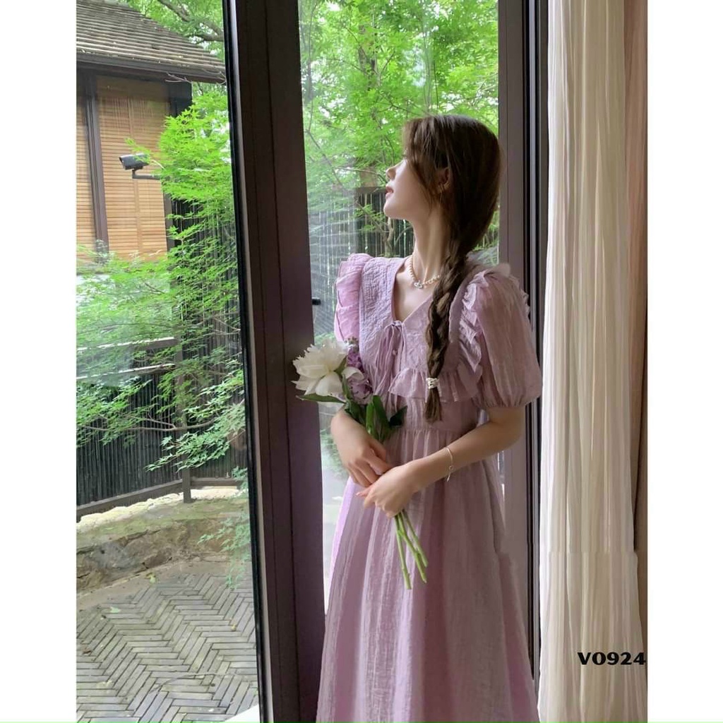 Đầm tiểu thư xinh đẹp phối bèo cột nơ cổ