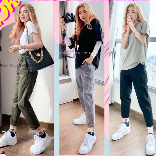 Quần Baggy kaki nữ AGE2X, phong cách công sở kết hợp dạo phố, chất kaki cotton wash mềm, phối sọc bo gân co giãn tốt - H