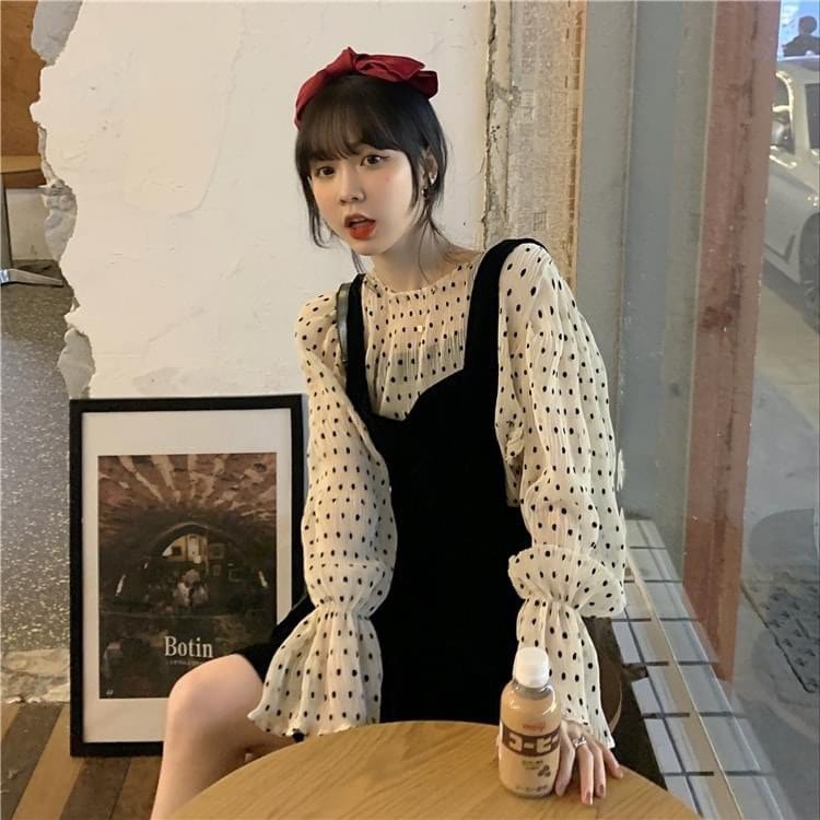 Set váy nhung áo châm bi ULZZANG thời trang nữ Hàn Quốc, váy yếm áo ren