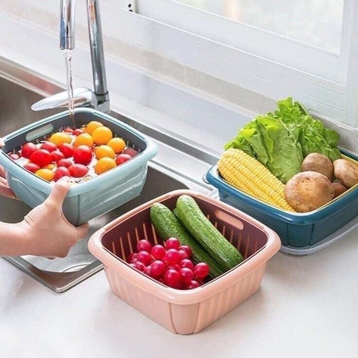 Rổ Nhựa Kèm Chậu Có Nắp Đậy Thông Minh 2In1