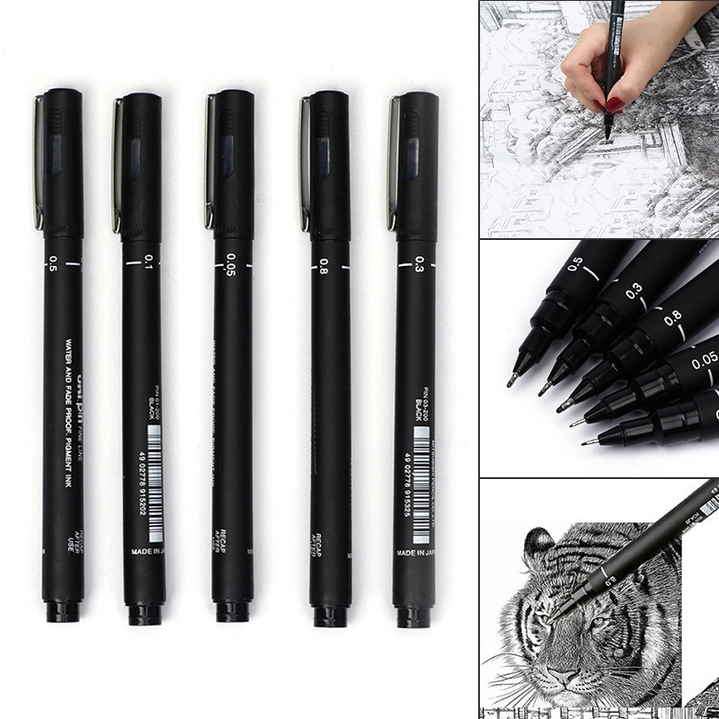 Bộ 5 Bút Bi Mực Đen Vẽ Đường Nét Mịn