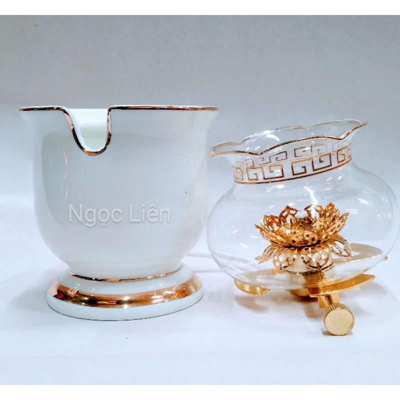Đèn dầu sứ trắng cao cấp viền vàng