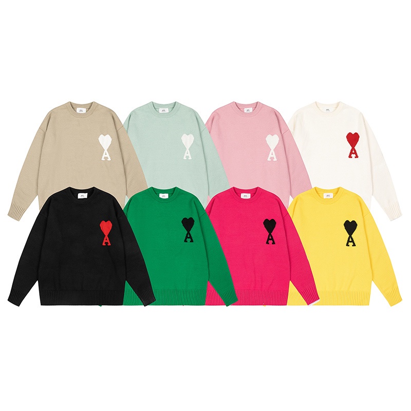 Ami Áo Sweater Cổ Thuyền Jacquard Biểu Tượng Trái Tim Cổ Điển Nhiều Màu Sắc Giản