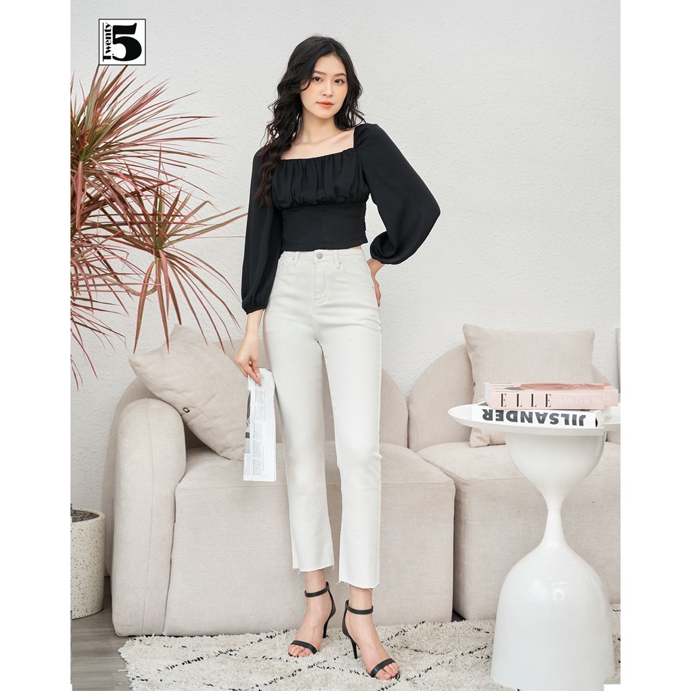 Quần jeans nữ ống đứng gấu cắt cạp cao vải co dãn Twentyfive 4004