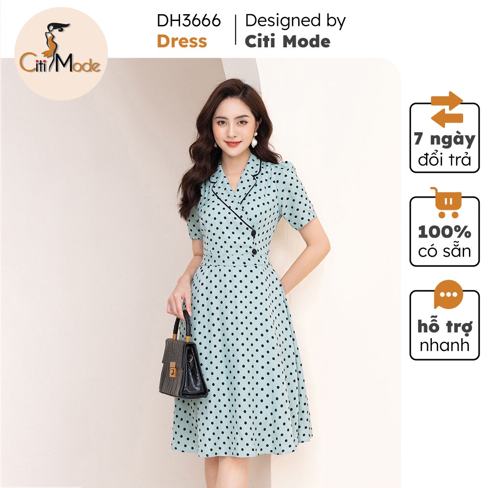 Đầm xoè xanh chấm bi cổ vest DH3666