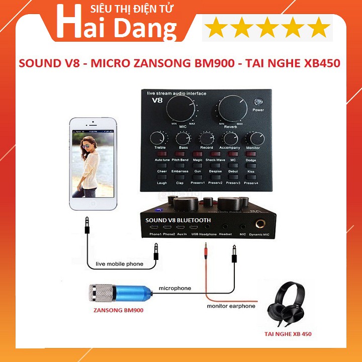 Soundcard V8 Bluetooth, Micro Karaoke BM 900 - Tai Nghe XB-450 Hát Karaoke Livetream