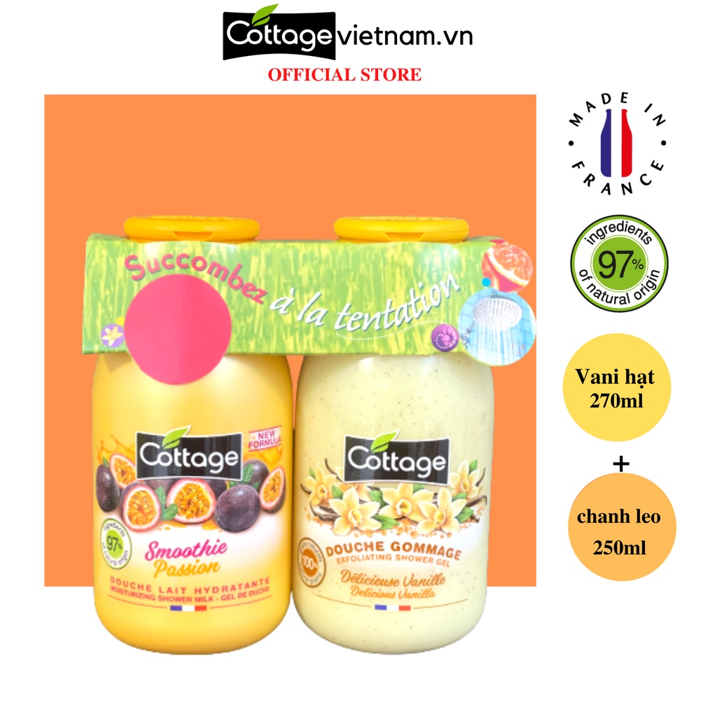 Sữa tắm dạng gel Cottage cặp chai 270ml vani hạt và 250ml chanh leo