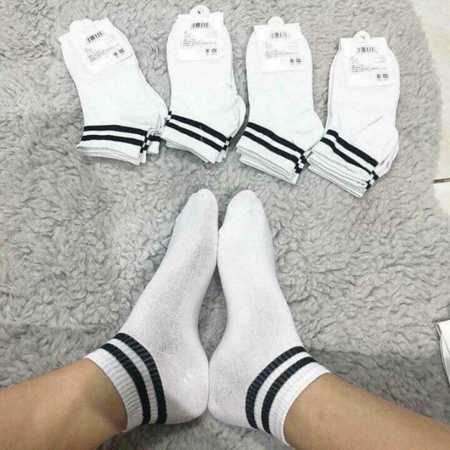 2 Đôi Tất Nam Thể Thao Cổ Ngắn Kẻ Sọc Phong Cách Hàn Quốc Đen - Trắng