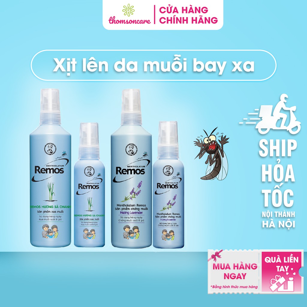 Xịt chống muỗi Remos - từ sả chanh, oải hương giúp xua đuổi chống muỗi, có thêm lô hội và vitamin E dưỡng da - An toàn