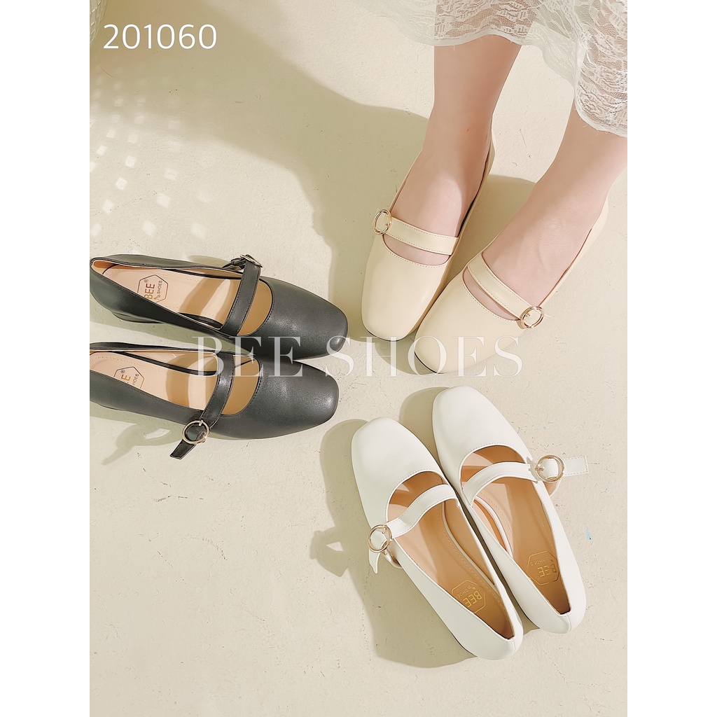 BEESHOES - GIÀY BÚP BÊ NỮ MŨI VUÔNG QUAI NGANG KHUY TRÒN - GIÀY BÚP BÊ NỮ DA LÌ SẴN MÀU ĐEN - BE 201060