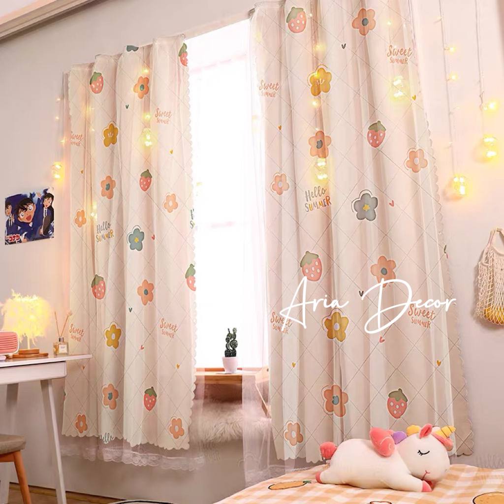 [Video thật + Quà Tặng] Rèm cửa dán tường  ARIA DECOR họa tiết Trắng hoa dâu decor trang trí phòng cản nắng tốt