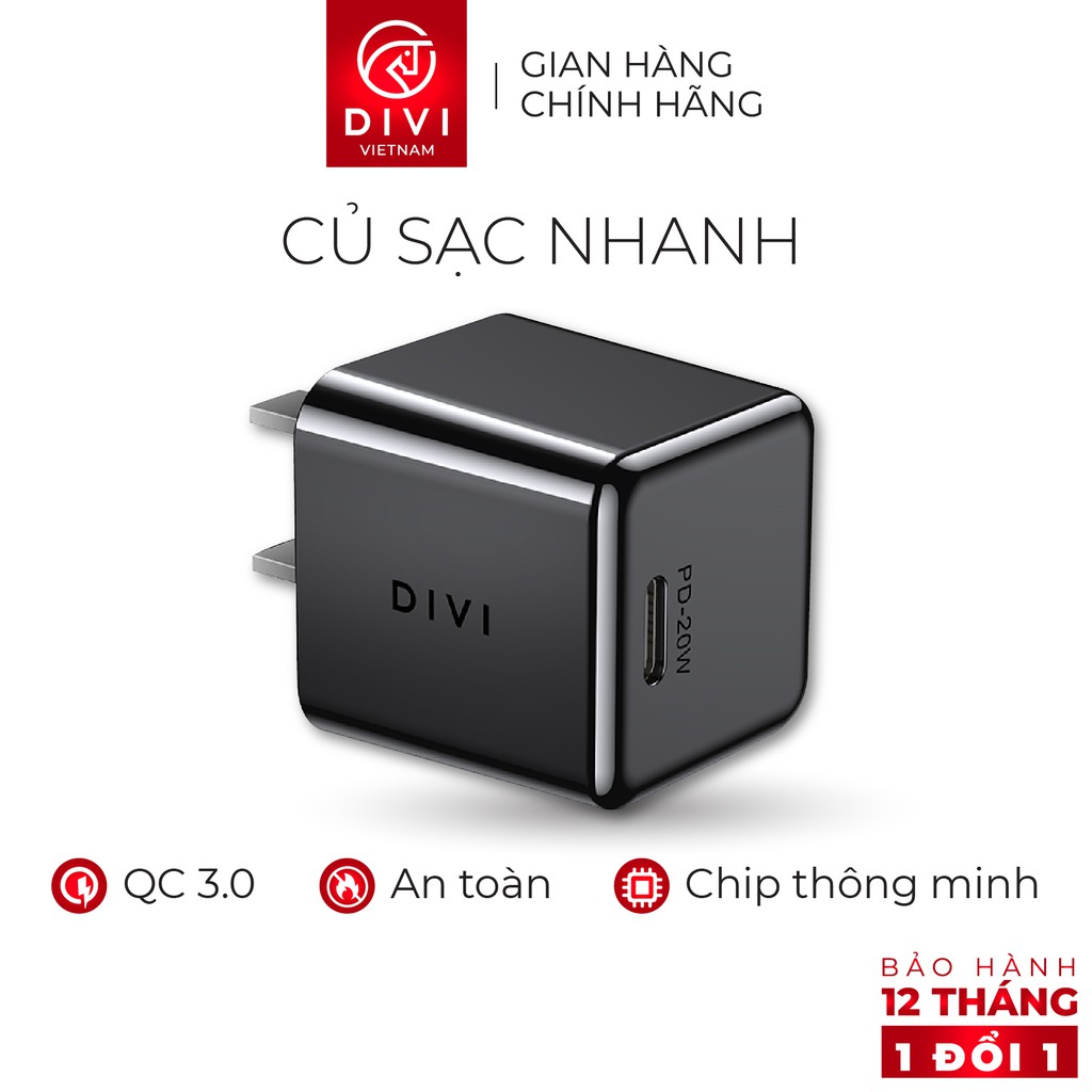 Củ sạc nhanh DIVI P2230 Sạc nhanh PD, QC 3.0 Công suất 20W Cổng sạc Type C - Hãng phân phối chính thức 1 đổi 1