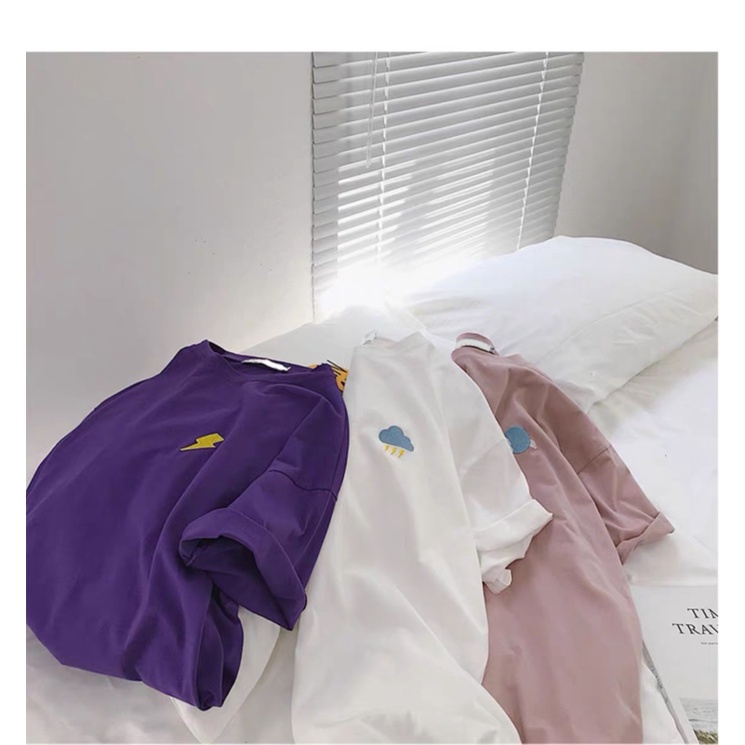 Áo Thun Tay Ngắn Cổ Tròn Thêu Hình Mặt Trăng / Mặt Trời / Đám Mây Phong Cách Harajuku Thời Trang Mùa Hè Cho Nam Và Nữ