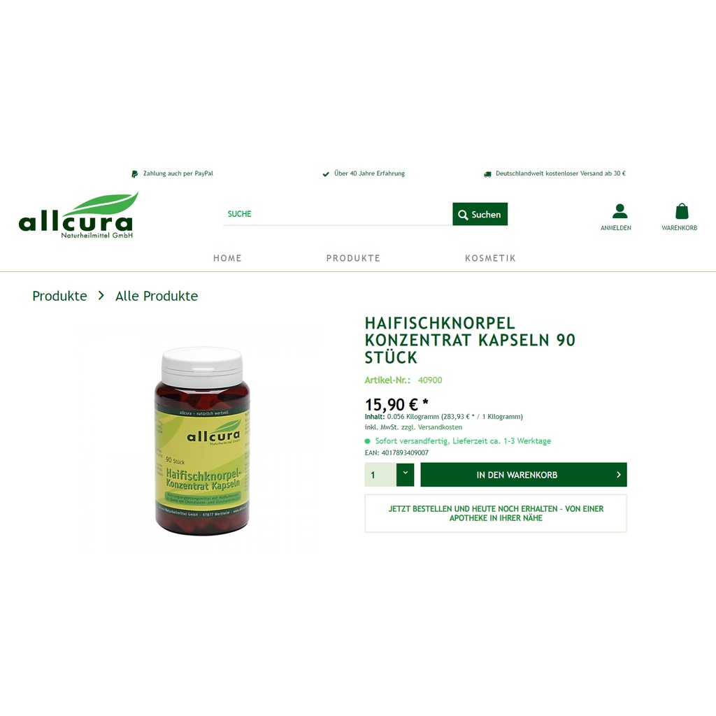 SỤN VI CÁ MẬP Allcura Haifischknorpel Konzentrat 90 Kapseln