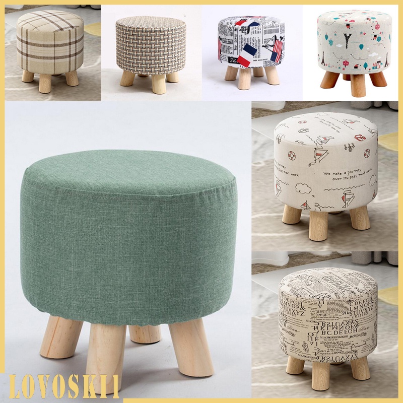 [LOVOSKI1]Round Linen Fabric Footstool Cover Wooden Stool Slipcover Green Dark 28x18cm