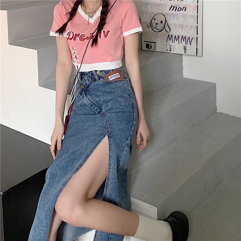 [ORDER] CHÂN VÁY JEANS ULZZANG DÀI VẠT CHÉO XẺ TÀ