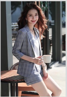 Set áo vest + quần short caro