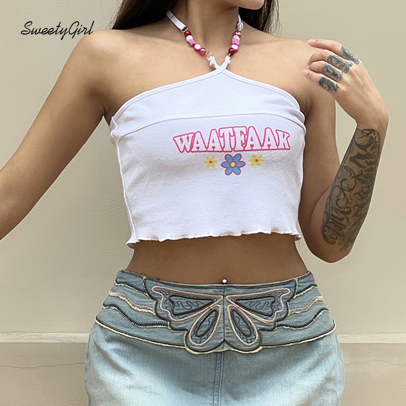 Áo Hai Dây Đính Hạt In Chữ Hoạt Hình Hở Vai Thời Trang Cho Nữ