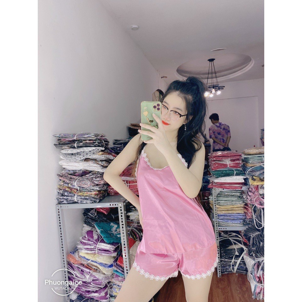 Đồ ngủ 2 dây bèo vai phối quần bèo vải phi lụa ngủ siêu mát họa tiết nhiều màu freesize dưới 56kg