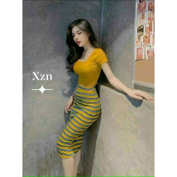 Sét bộ áo croptop tay ngắn cổ vuông phối chân váy sọc maxi cực xinh , chất thun bozip mềm mịn