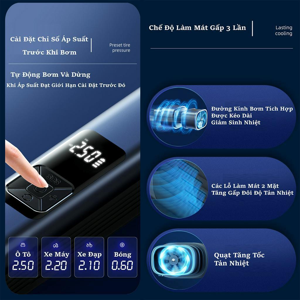 Bơm Lốp Ô Tô C250, Bơm Lốp 4in1 - Máy Hút Bụi - Chuyên Dụng - Đo Áp Suất Lốp - Đèn Pin, Bảo Hành 12 Tháng - Lỗi 1 Đổi 1