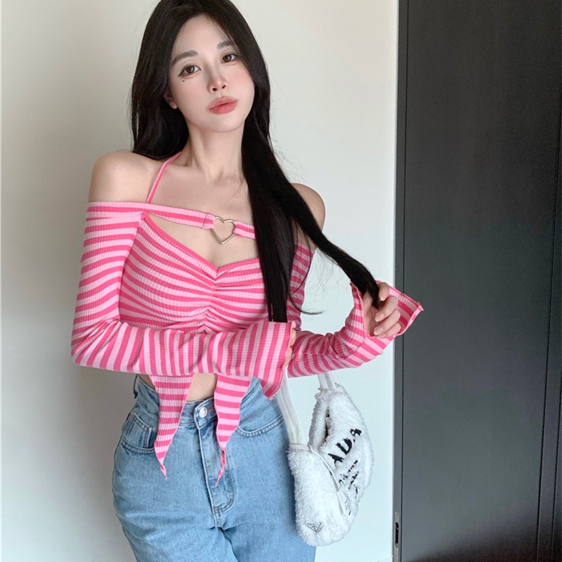 Áo Thun Nữ Tay Dài Dáng Ôm Kẻ Sọc Ngang Trẻ Trung