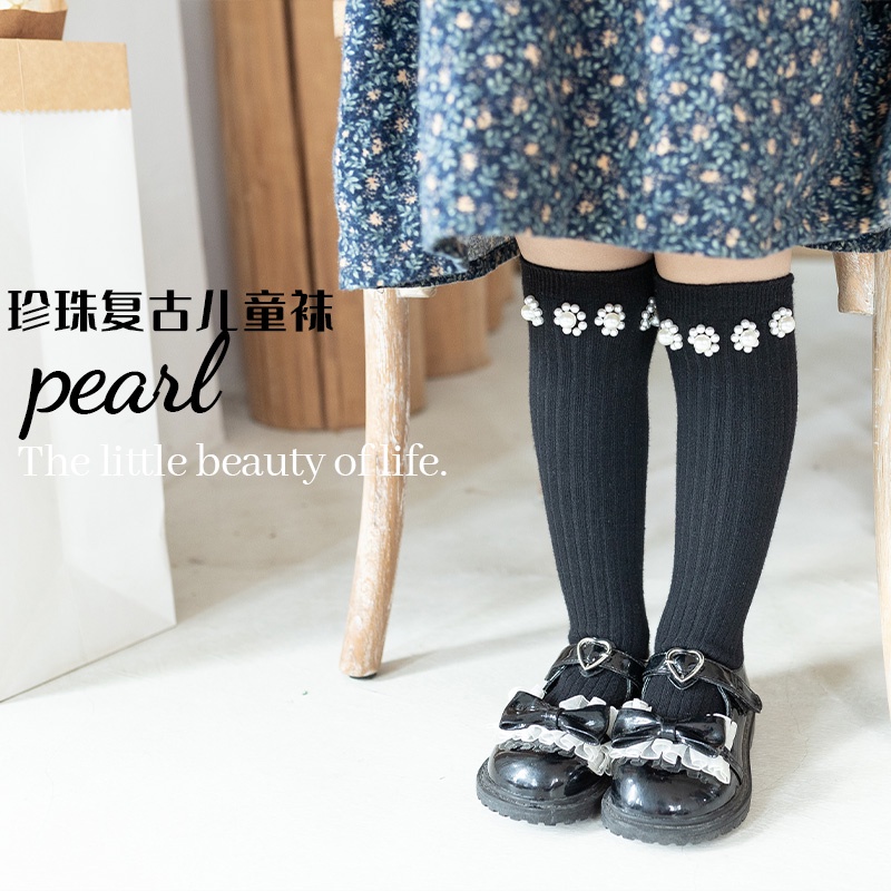 Vớ cotton Kẻ Sọc Đính Ngọc Trai Nhiều Màu Sắc Thời Trang Harajuku Cổ Điển Chống Lạnh Mùa Đông Cho Bé Gái