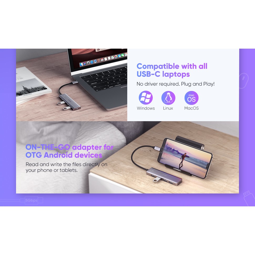 Bộ chia Hub USB Type C sang 4 Port USB 3.0 Ugreen 70336