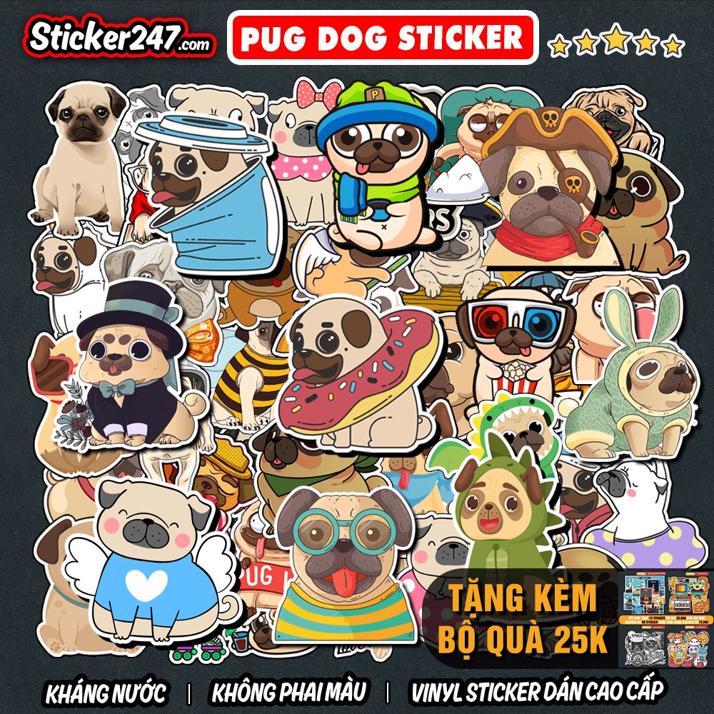 Sticker Chó Pug 𝑭𝒓𝒆𝒆𝒔𝒉𝒊𝒑 chống nước, sticker dán laptop, điện thoại, đàn guitar, mũ bảo hiểm, vali, ipad