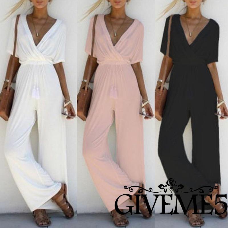 Áo liền quần dáng rộng cổ chữ V màu trơn S-XL