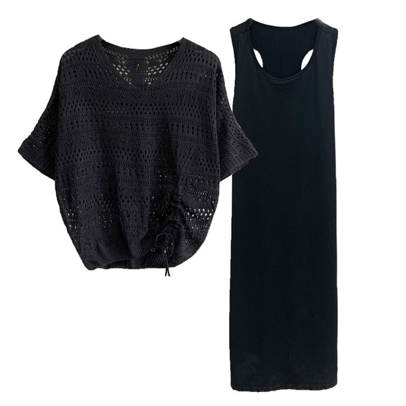 Bộ Áo Sơ Mi Dệt Kim Dáng Dài + Đầm Hai Dây Màu Trơn Thời Trang Mùa Hè Hàn Quốc Cho Nữ