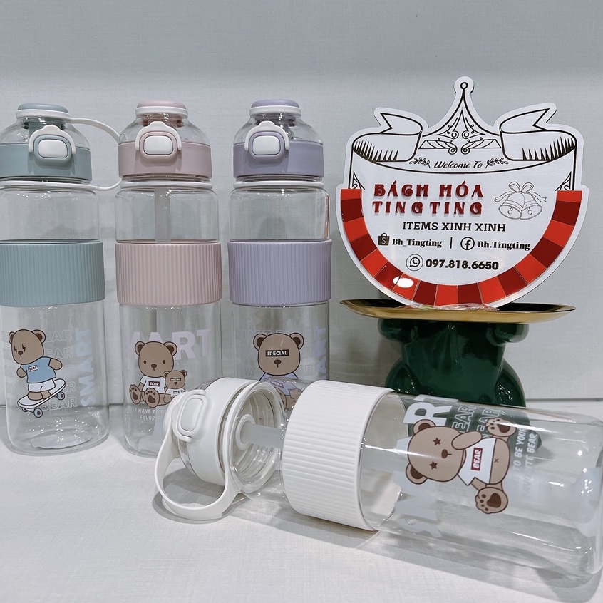 Bình nước nhựa 1100ml có ống hút họa tiết gấu đáng yêu màu sắc nhẹ nhàng, Bình đựng nước cute kèm sticker 2D _TingTing
