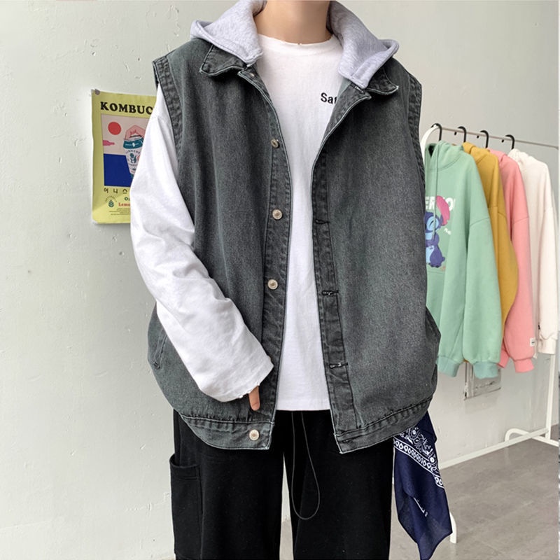 Áo Khoác Denim Không Tay Có Mũ Trùm Phong Cách Hàn Quốc Thời Trang Mùa Thu Dành Cho Nam