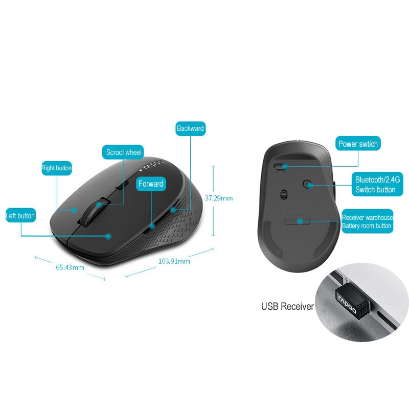 Chuột Rapoo M300 Silent không dây Bluetooth , Wireless - Đa kết nối (USB Receiver 2.4GHz, Bluetooth 3.0, 4.0)