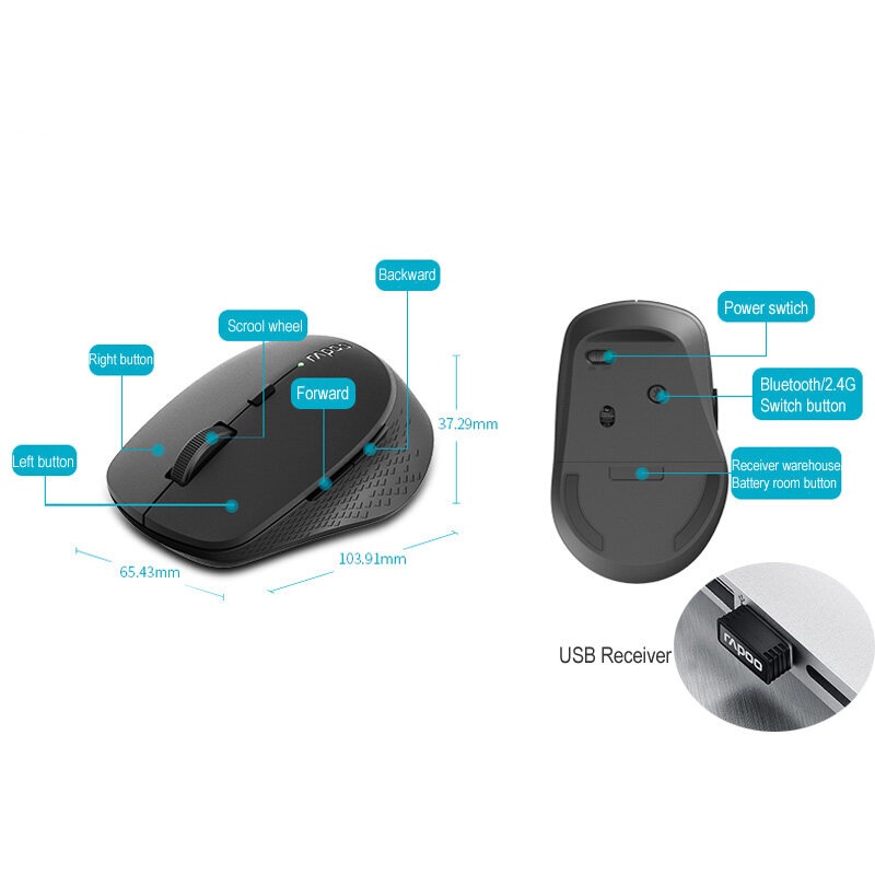 Chuột không dây Yên lặng Rapoo M300 Silent Đa kết nối (USB Receiver 2.4GHz, Bluetooth 3.0, 4.0)