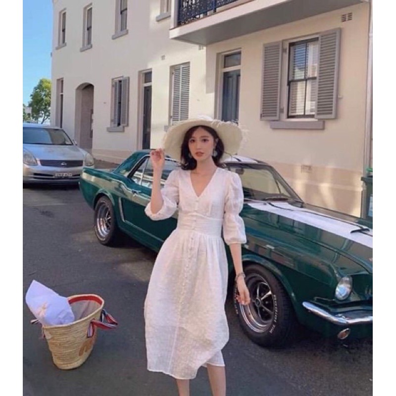 Váy Trắng Nữ Cổ Tim Dáng Dài Tay Phồng, Đầm Trắng Thiết Kế Phong Cách Retro Linzstore | BigBuy360 - bigbuy360.vn
