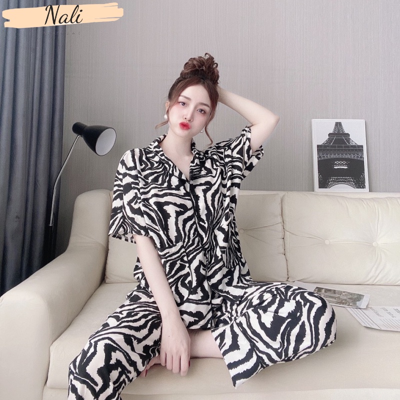 Bộ pijama nữ cộc tay quần dài chất liệu lụa 100D xịn xò, bộ đồ ngủ nữ pyjama họa tiết lập thể DC04