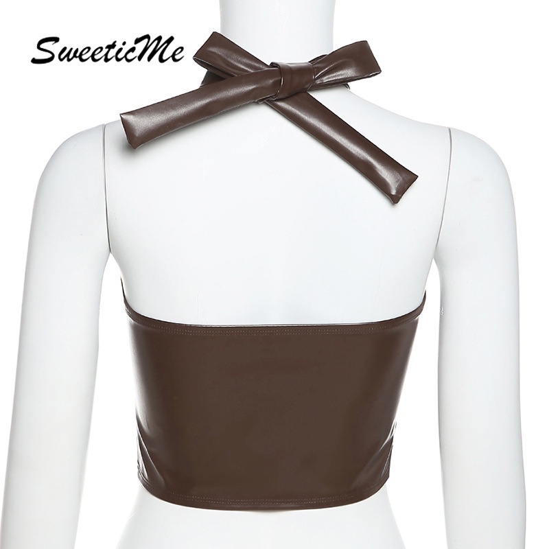SweeticMe Women's   New Sexy Off Shoulder Backless Slim PU Halter Top