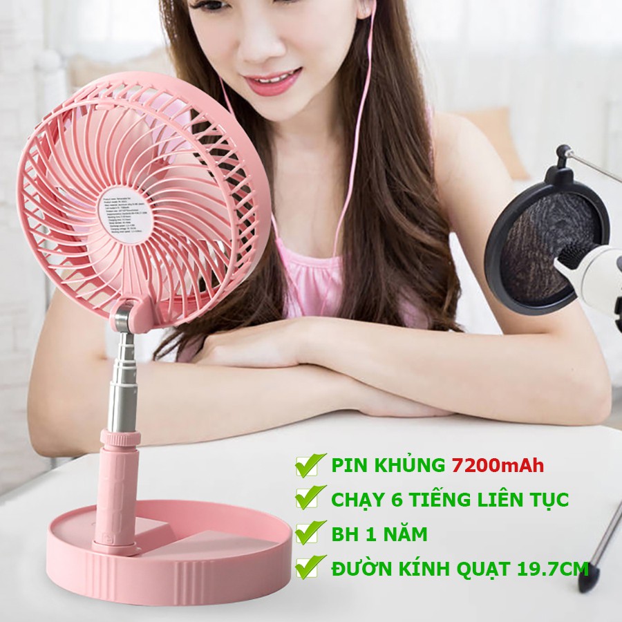 Quạt tích điện đa năng Pin khủng 7200mah dùng 6 tiếng liên tục, sạc đầy 8 tiếng, đường kính quạt 19.7cm