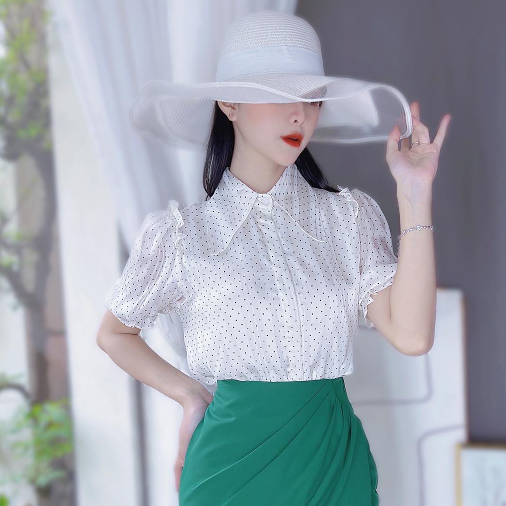 Áo sơ mi họa tiết nữ tay phồng bo chun CHUU A8139