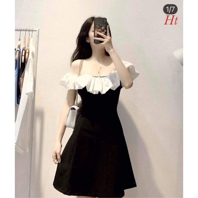 Váy trễ vai phối màu đen trắng H2V577