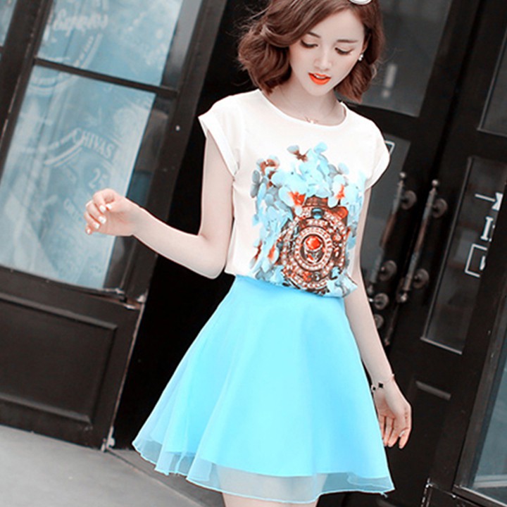 Set Chân Váy Xòe Ngắn Áo Thun Cotton Siêu Thoáng Mát Họa Tiết Hoa Lá Nhiều Màu Lựa Chọn
