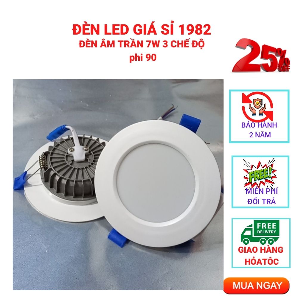 Bong Đèn Led Âm Trần 7w 3 Màu đế đúc , Đèn Mắt Trâu mặt trắng Trang Trí Trần Nhà