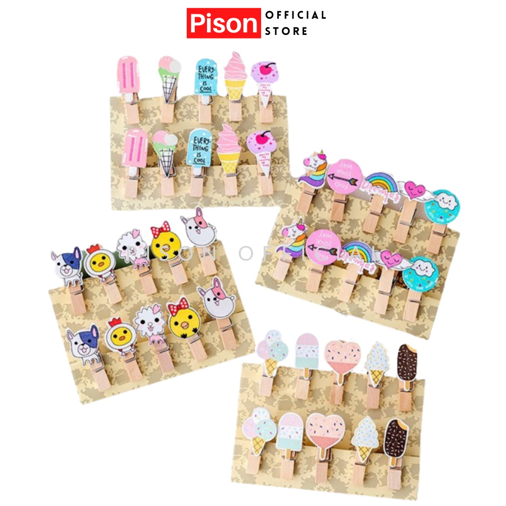 Vỉ 10 kẹp gỗ Pison nhiều màu nhỏ gọn trang trí phòng - kèm dây cói - 1 bộ