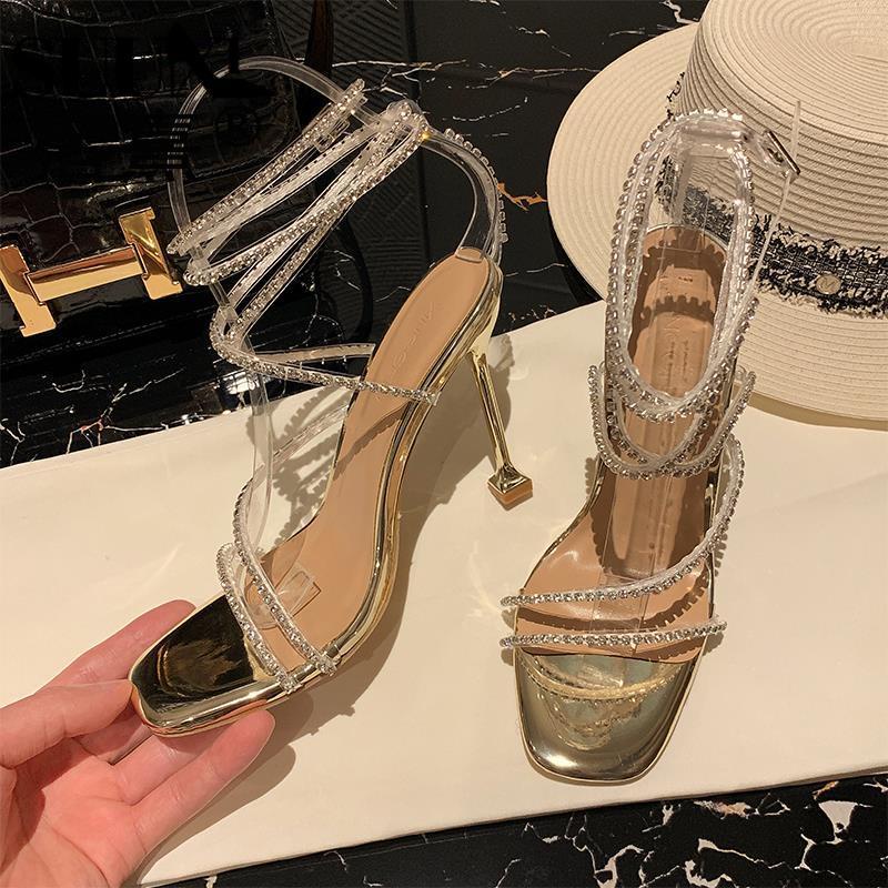 Giày Cao Gót Mũi Vuông Quai Trong Suốt Đính Đá Thời Trang Mùa Hè 2022 Cho Nữ