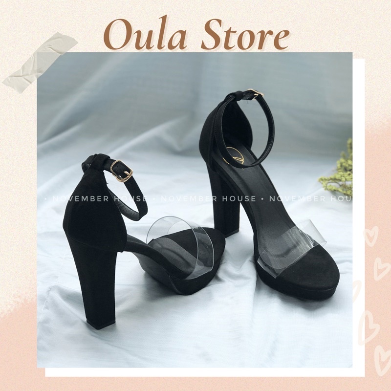 Giày sandal cao gót nữ kiểu dáng gót thô chất liệu phối da lộn, SD18, November House