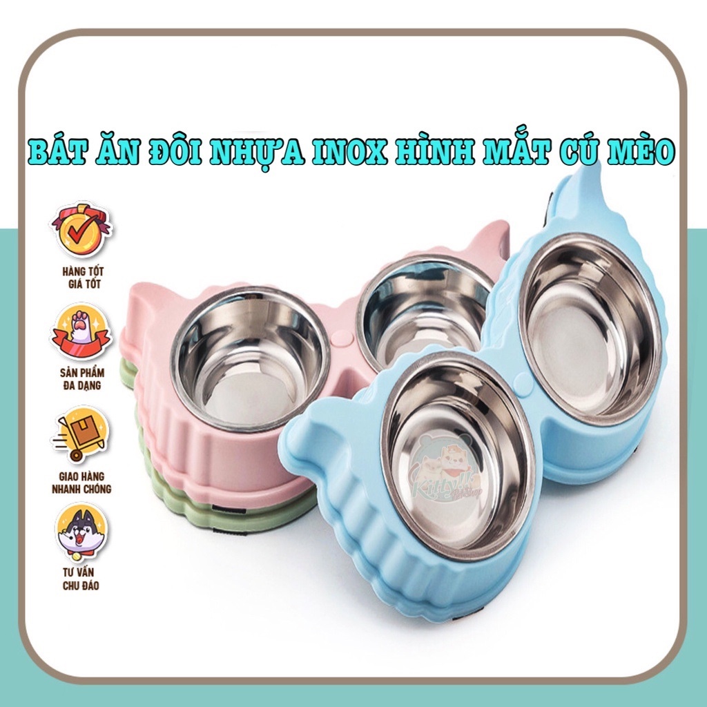 Bát ăn đôi hình mắt cú mèo , chén ăn đôi nhựa inox tháo rời dành cho chó mèo, bát ăn chống lật đổ